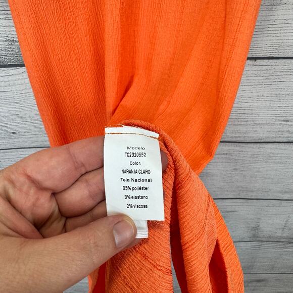 Tattoo Style Women's Orange Textured Puff Sleeve Mini Dress Size Medium - Picture 6 of 9